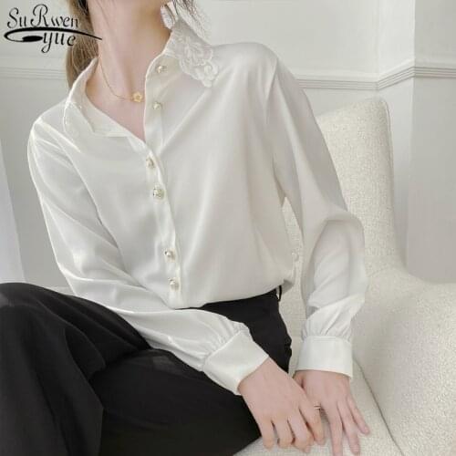 Autumn New Embroidered Long Sleeve Womens Shirts White Chiffon Blouse Elegant Beading Simple Loose Cardigan Blusas Mujer 11430