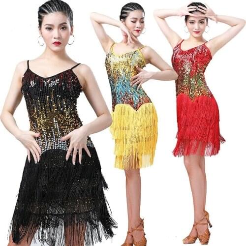 Women Sequin Tassel Latin Dance Dress Ballroom Salsa Rumba Tango Party 904-B156
