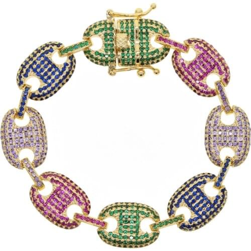 2021 women 17cm iced out colorful cz paved coffee bead charm bracelet bangle for women rainbow cz hip hop jewelry for party