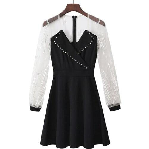 AIYANGA Black Party Embroidery Lace Patchwork V-neck Long Sleeve Sexy Dress 2019 Spring Autumn Fashion Elegant Women Dresses