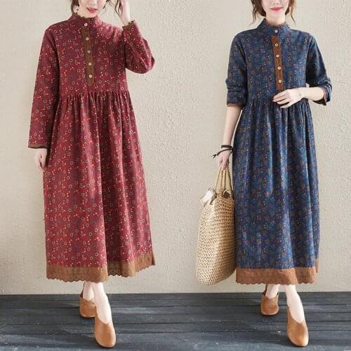 2021 New Spring Autumn Vintage Small floral Lacework Long Sleeve Women Dress Vestido Robe Female Dresses Cotton Linen Clothes