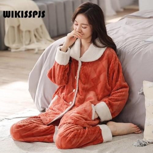 WIKISSPJS Winter Womens Flannel Home Clothes Two Piece Cardigan Korean Pajama Set Loungewear Polyester Sleepwear Women Set