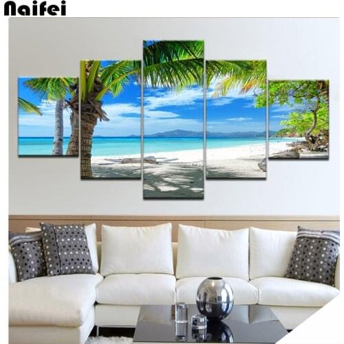 5D DIY Diamond Embroidery 5 Pieces Tropical Beach coconut tree Seascape Mosaic Full Square round Diamond Painting Seascape Home