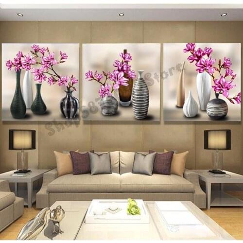 Diamond abstract painting 3D full diamond vase with flower decoration square inlay rhinestone embroidery decor three pieceTT4755