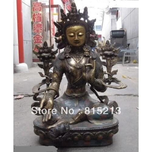 Bi00266 26 Tibet classic Bronze Copper cloisonne Green TaRa Guan Yin Bodhisattva Statue