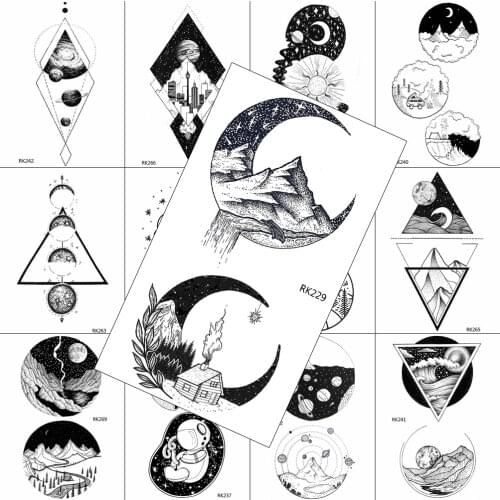 Black Geometric Mountain Temporary Tattoos Realistic Fake Planet Body Art Arm Tattoo Decal For Adult Waterpoof Tattoos Sticker