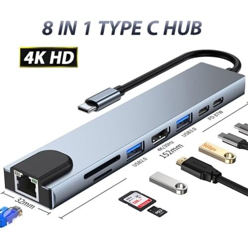 Hub Usb C 3 To HDMI-Compatible PD Charge 8 Ports Dock Station RJ45 with PD TF SD Usb Hub 3 0 Splitter for Macbook Pro/Air