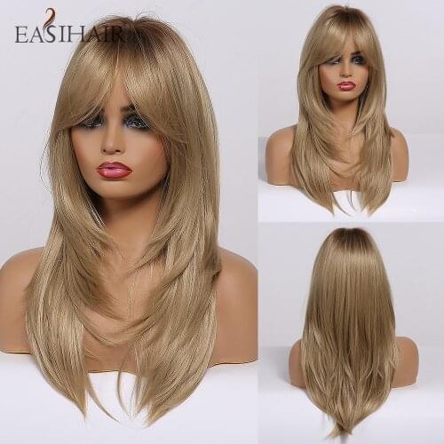 EASIHAIR Brown to Blonde Ombre Women Wig with Bangs Medium Length Synthetic Wigs Layered Natural Hair Wig Cosplay Heat Resistant