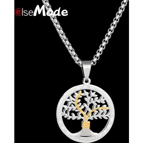 ELSEMODE Hot Hollow Tree Of Life Necklace For Women Gold Stainless Steel Round Charms Pendant Necklaces Engagement Jewelry
