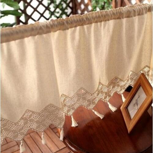 Kitchen Curtains Handmade Cotton Linen Curtain with Crochet Tassel Short Coffee Curtain Window Valance Curtains for Living Room