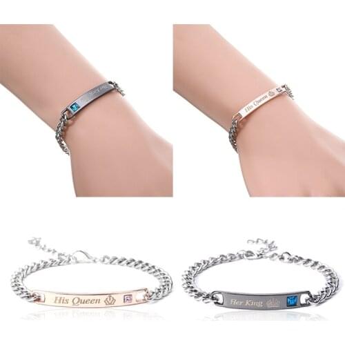 Trendy Couple Lover Bracelet Carved "Her King His Queen" Charms Chain Bangles Bracelets For Women Men Jewelry Pulseira