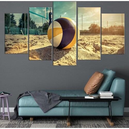 Wall Art Pictures Canvas HD Printed Modern Home Decor Framed 5 Pieces Beach Volleyball Painting Summer Sea Beach Poster