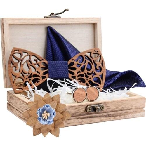 Ricnais New Floral Wooden Bow Ties For Men Bowtie Silk Pocket Square Set Hollow Butterflies Wedding Suit Wood Bowtie Shirt Ties