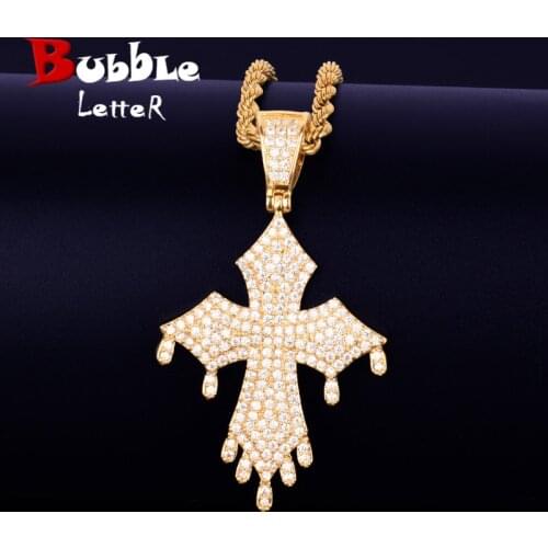 Dripping Cross Pendant Necklace Gold Color Cubic Zircon Mens Hip Hop Rock Jewelry