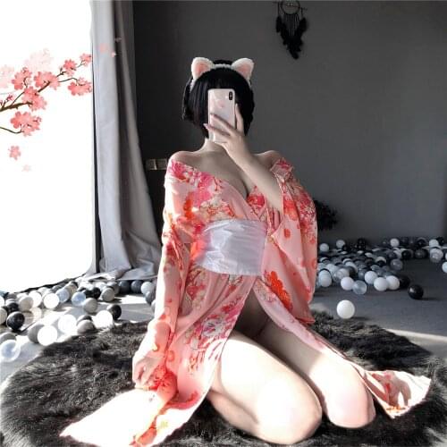 Sexy Pink Sakura Kimono Japanese Uniform Temtation Chiffon Print Robe Floral Bathrobe Cosplay Roleplay Geisha Sexy Lingerie Set