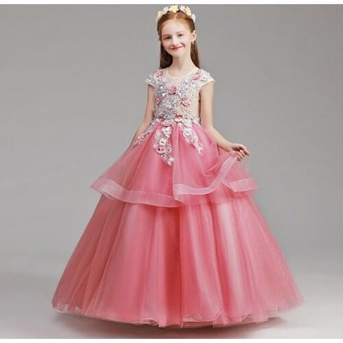 Flower Girl Dresses Crystal Appliques Beading O-Neck Pearls Princess Floor-Length Tulle Embroidery Sequined Kids Party Gown H165