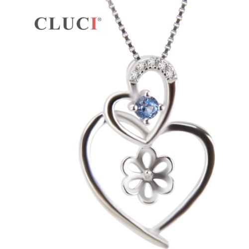 CLUCI Double Heart Pendant fitting for pearl jewelry DIY Sterling 925 Silver Blue Zircon necklace Valentines GIFT SP182SB