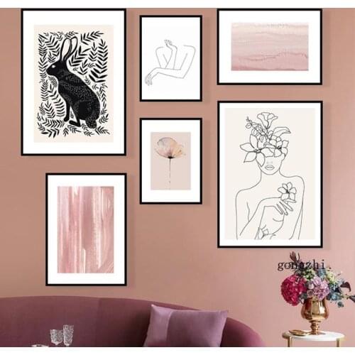 Boho Woman Body Abstract Line Nordic Pink Posters Rabbit Flower Canvas Painting Prints Wall Art Pictures Living Room Home Decor