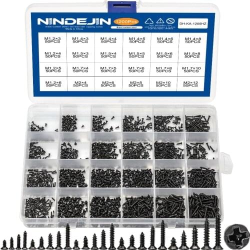 1200pcs/set Black plated Countersunk flat head tapping screws with cross recessed M1.2 M1.4 M1.5 M1.7 M2 Carbon Steel Screws