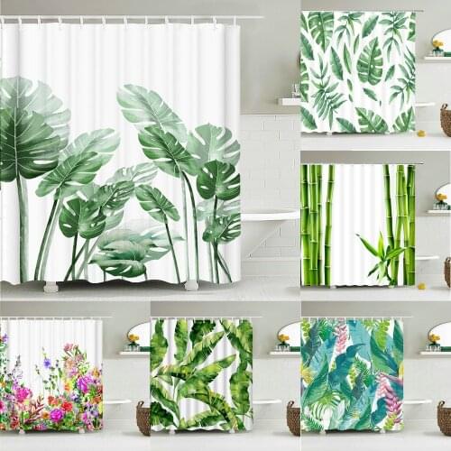 Green Plant leaves Shower Curtains Bath Curtain Bathroom 3d Printed Fresh Waterproof Polyester Cloth With Hooks Home Decor Mat