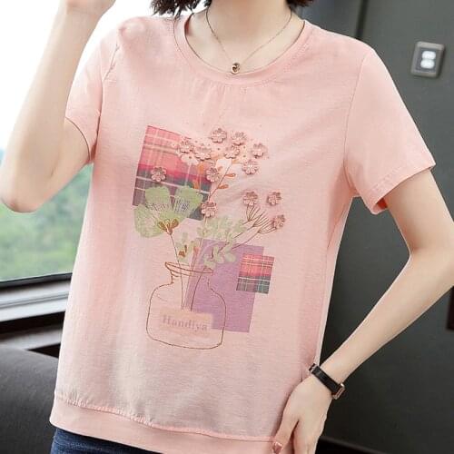 Embroidery Plant Flowers T-Shirt Women Soft Cotton Tee Shirt Summer Tops Casual Loose O-Neck Print Short Sleeve T-shirts Femme