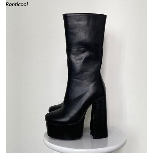 Ronticool Handmade Women Platform Winter Mid Calf Boots Square High Heels Round Toe Black Stylish Shoes Women Us Size 5-15