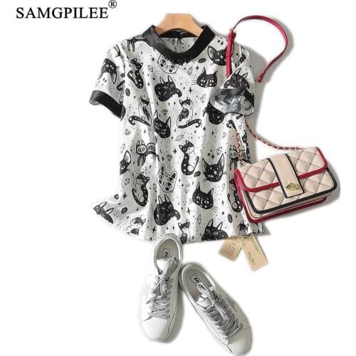 Women T-shirts 2020 T-shirty Damskie Casual T-shirt Brand Womens Chiffon Short Sleeve Print Stand Collar T Shirt For Women 3XL