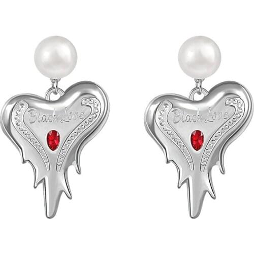 SRCOI Palace Style Love Earrings With Red Rhinestone Women Vintage Gothic Imitation Pearl Irregular Heart Charms Drop Earrings