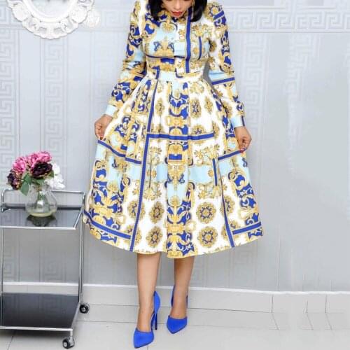 2021 Autumn New Fashion Women Dress Autumn Fall Printed Full Sleeve A Line High Waisted Temperament Commute Robe Dress Midi Hot