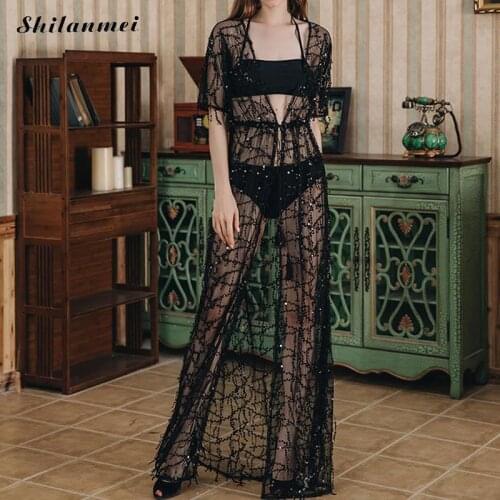 Tassels See Through Dress Women Half Sleeve Sequined Sexy Club Dresses Solid White Black Transparent Shining Drawstring Dress