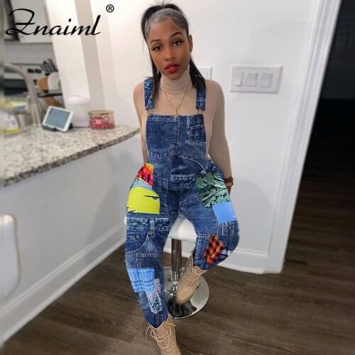 Znaiml Imitation Denim Jumpsuits Women Printed Patchwork Overalls Fashion Sleeveless Casual Rompers Streetwear Playsuits Female