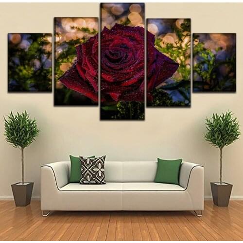 5 Panel Purple Daisy Flower and White Flower in Rain Picture Canvas Home Decor Frame Painting Wall Art HD Print Poster