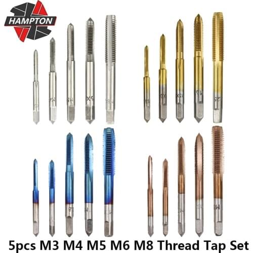 Hampton 5pcs M3 M4 M5 M6 M8 Right Hand Screw Tap Drill Bit Set Metric Thread Tap HSS Plug Tap Straight Fluted Machine Tap
