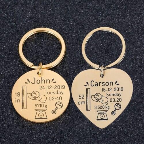 HUHUI Custom New Baby Birth State Keychain Personalized Stainless Steel Baby Name Date Weight Time Height Keyring Family Gift