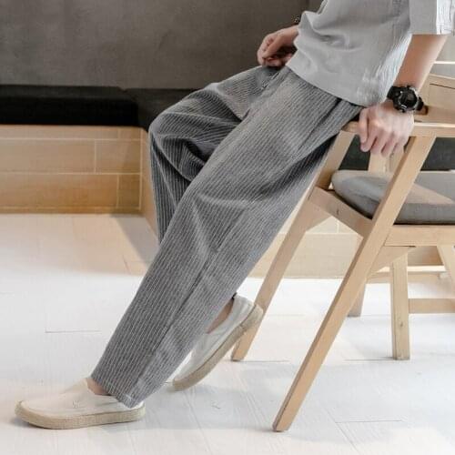 Mens Pants Autumn Winter Chinese Style Pants Cotton Linen Striped Casual Pants Loose Pants Plus Japanese Pants