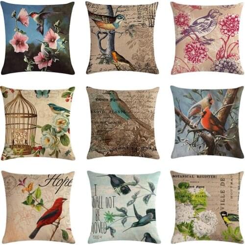 45x45cm Birds Cushion Covers Cotton Linen Home Decorative Vintage Pillow Case For Sofas Flower Throw Pillow Cover