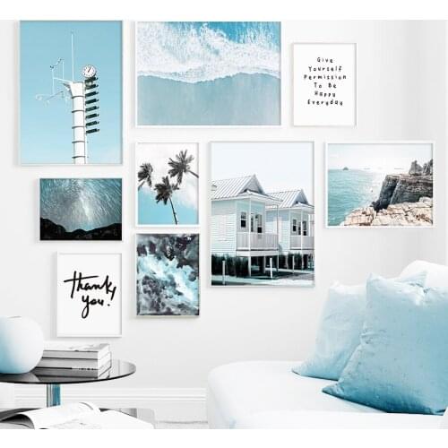 Art Canvas Painting Blue Seascape Aurora Reef Coconut Tree Home Nordic Posters And Prints Wall Pictures For Living Room Decor