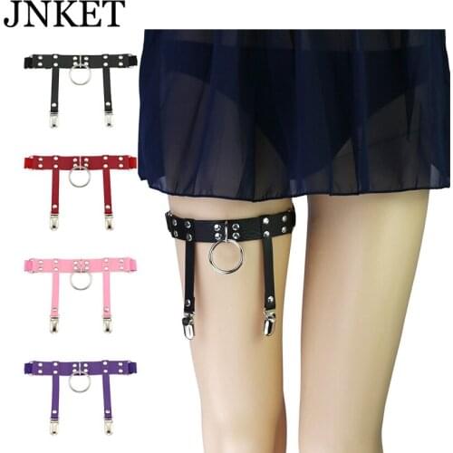 JNKET New Harajuku Metal Ring Garter Belt Punk Leg Ring Garter Womens Garters Strap PU Leather Leg Belt Suspender Leg Ring