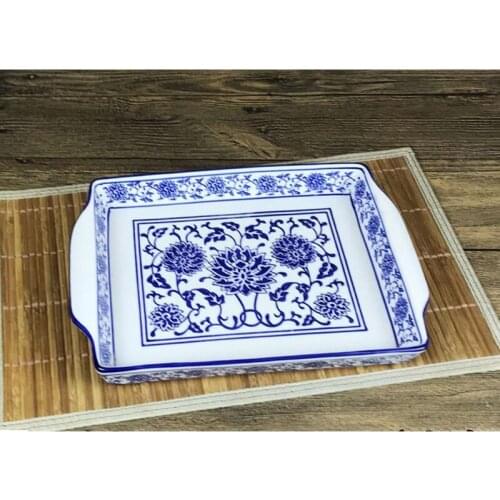 Ceramic tray creative storage tray rectangular retro blue and white porcelain household tea set wine tray
