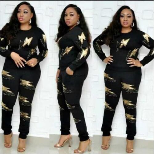 Lightning Print Black 2 Piece Set Classic Streetwear Women O Neck Pullover T-Shirt Top And Slim Pencil Trousers Femme Outfit