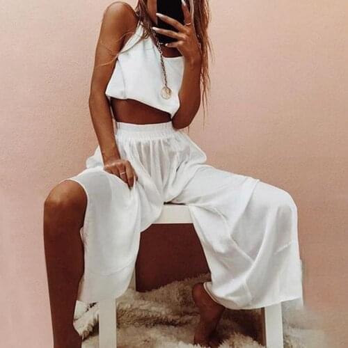 Sets womens outfits summer Sleeveless Solid Color Skin-friendly Sling V-neck Top Wide Leg Pants Outfit Tracksuit White xxxl
