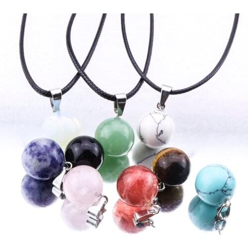 Round Cross Natural Stone Tiger Eye Quartz Pendant Necklace PU Leather Opal blue Pink Crystal Necklace