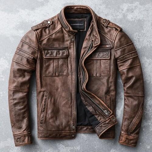 Fashion Real Cow Leather Jacket Men Vintage Stand Collar Streetwear Coat Mens Clothing Motorcycle Jackets Chaqueta Moto WPY2078