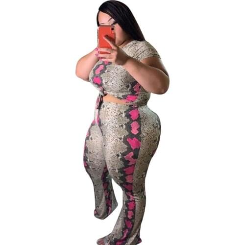Summer plus size suit 4XL-7XL fashion lady snake pattern plus size round neck short sleeve trousers slim sexy two-piece suit
