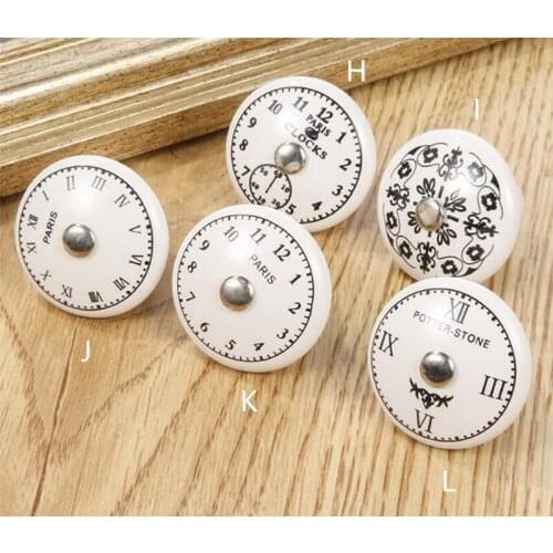 Hot 200pcs/lot Black & White Printed Decorative Round Ceramic Knob, Cabinet Hardware, Modern Wardrobe Furniture Door