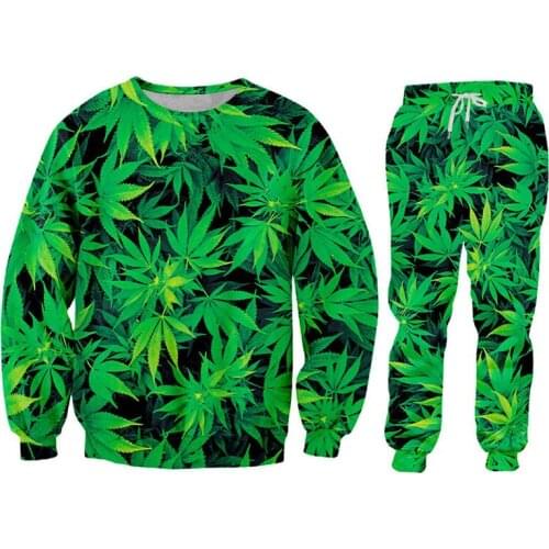 Fashion Men Women Joggers Tracksuit Set Harajuku 3d Green Leaf Weed Pullover Sweatshirt Sweatpants Unisex Outfits Custom S-6XL