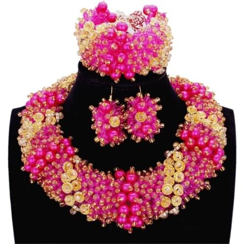 Bling Nigerian Bridal Choker Set Dubai Luxury Gold Necklace Set Fuchsia Jewellery Set African Free Shipping Manual Beads Set New