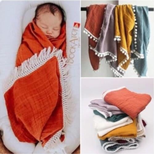 Organic Cotton Muslin Blanket Double Gauze Bath Towel Baby Tassel Blankets Newborn Big Diaper Swaddle Wrap Feeding Photo Props