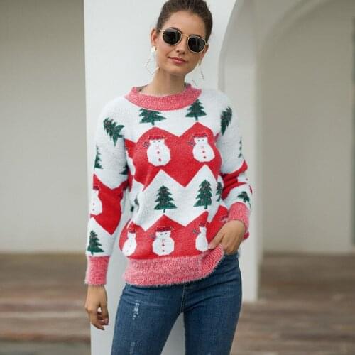 Autumn Womens Pullovers Knit Sweater Adults Christmas Tree Snowman Pattern Long Sleeve Round Neck Sweatshirts Streetwear Y2k