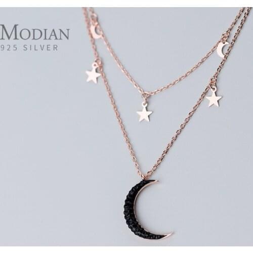 MODIAN 925 Sterling Silver Rose Gold Color Double Layer Stars Black Zircon Crescent Pendant Necklacce for Women Fine Jewelry